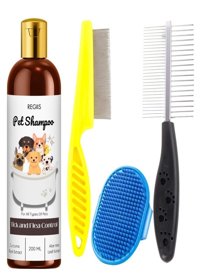 شامبو ريجيس للحيوانات الأليفة مع مكافحة القراد والبراغيث لجميع أنواع الحيوانات الأليفة، 200 مل، مع مجموعة فرشاة للعناية، مستخلص الكركم والصبار (عبوة من 4 قطع) - Image 1